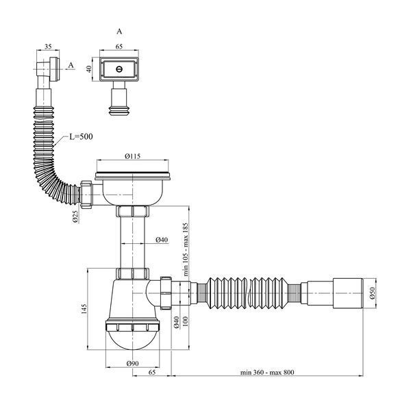 Сифон для кухонної мийки Agua KS02 3 1/2"х40/50 мм з різьбовим випуском, з квадратним переливом CV033462 фото